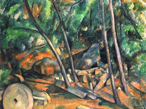 Wald mit Felsen in Grün-Orange-Tönen – Leinwandbild