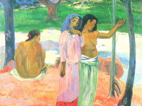 Zwei Frauen im tropischen Garten mit rotem Boden – Leinwandbild