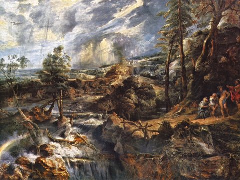 Landschaft mit Wasserfall und Figuren – Peter – Leinwandbild
