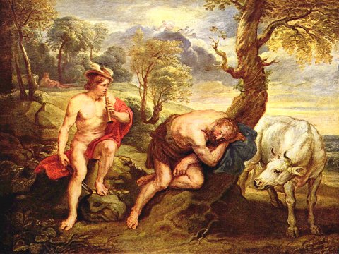 Mythologische Szene mit Hirten und Stier – Leinwandbild