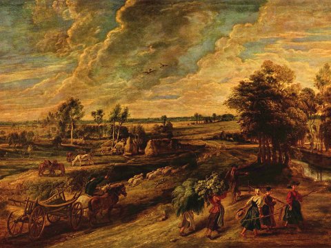 Ländliche Szene mit Bauern und Wagen – Peter – Leinwandbild